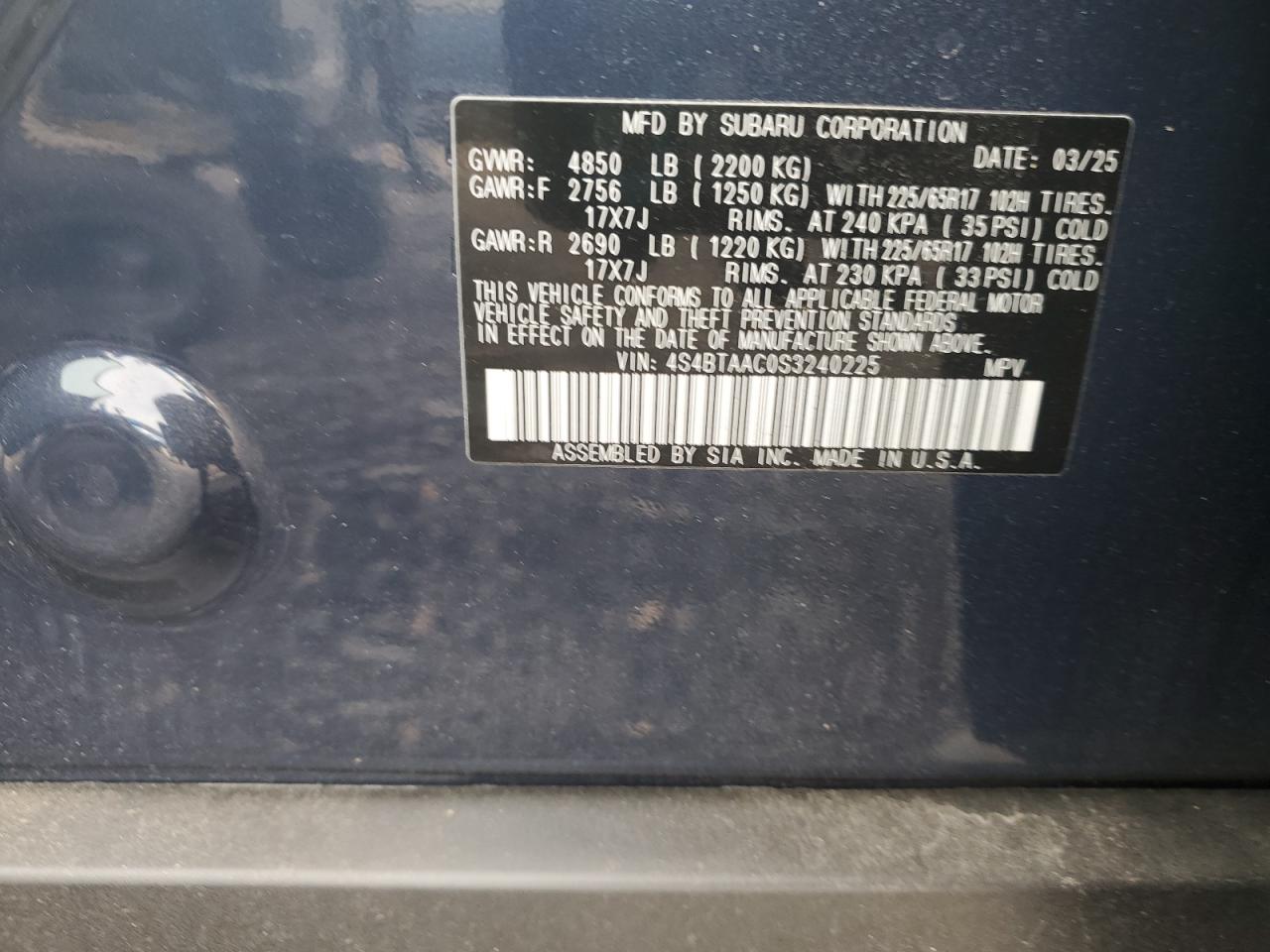 2025 Subaru Outback VIN: 4S4BTAAC0S3240225 Lot: 91165715