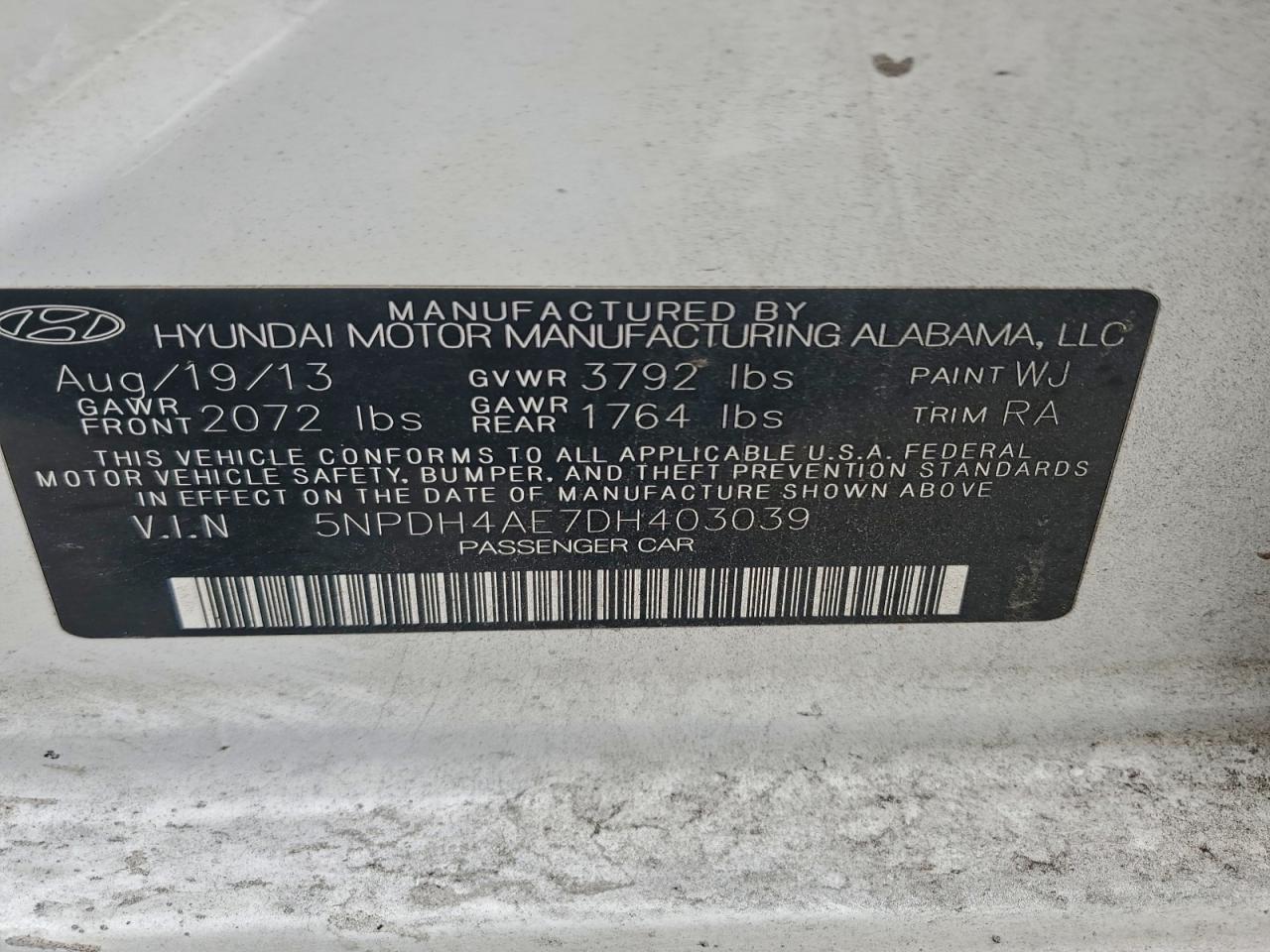 2013 Hyundai Elantra Gls VIN: 5NPDH4AE7DH403039 Lot: 91687465