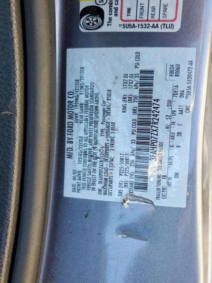 2007 Ford Fusion Se VIN: 3FAHP07ZX7R242474 Lot: 92318445