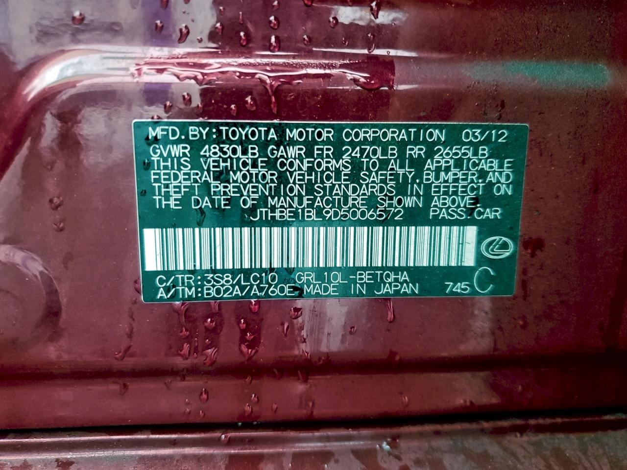 2013 Lexus Gs 350 VIN: JTHBE1BL9D5006572 Lot: 93522595