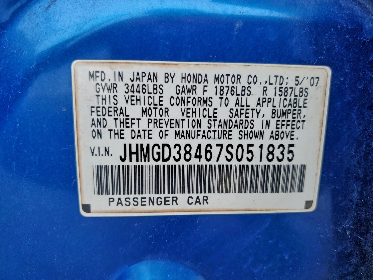 2007 Honda Fit VIN: JHMGD38467S051835 Lot: 94108605