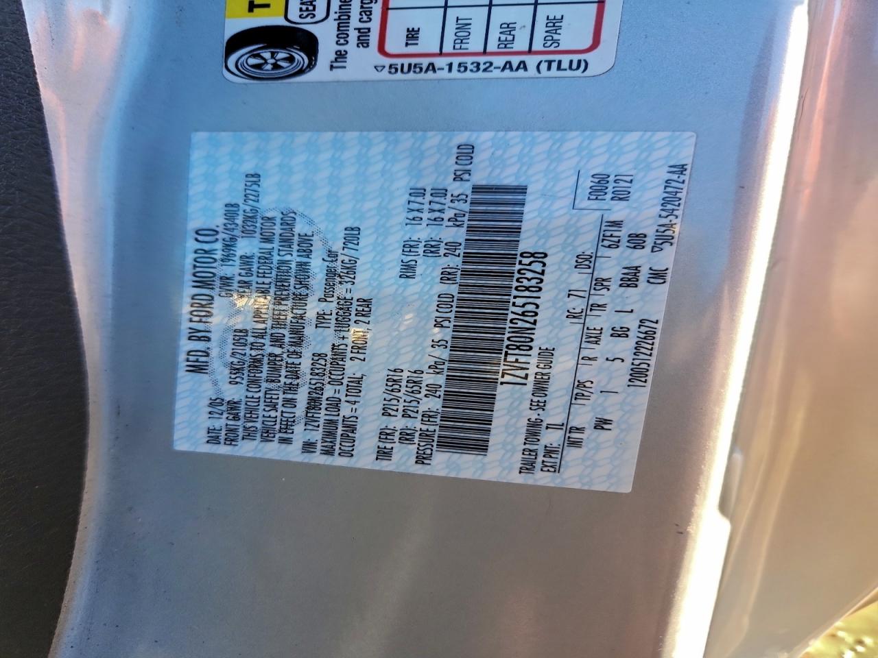 2006 Ford Mustang VIN: 1ZVFT80N265183258 Lot: 93652515