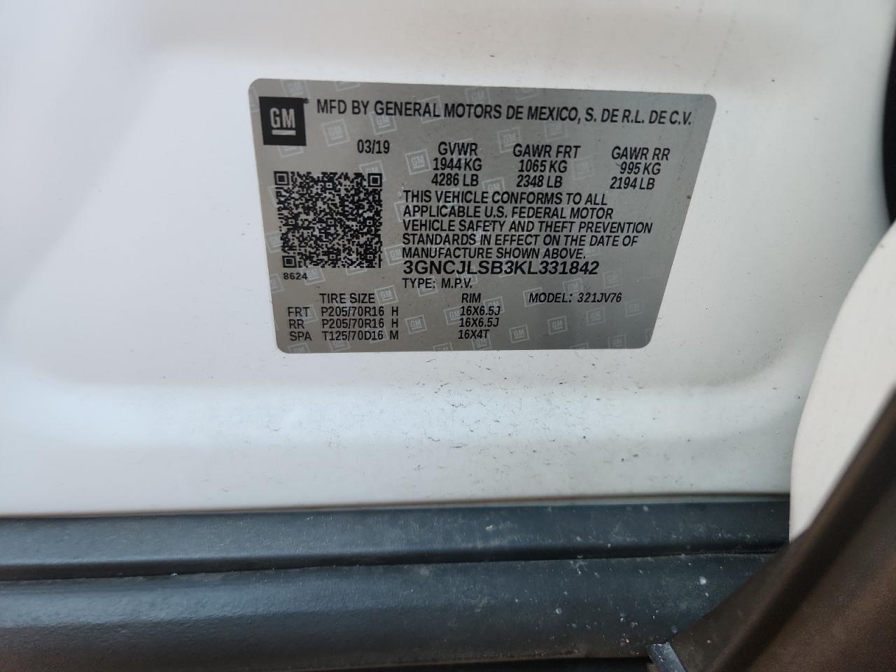 2019 Chevrolet Trax 1Lt VIN: 3GNCJLSB3KL331842 Lot: 92160195