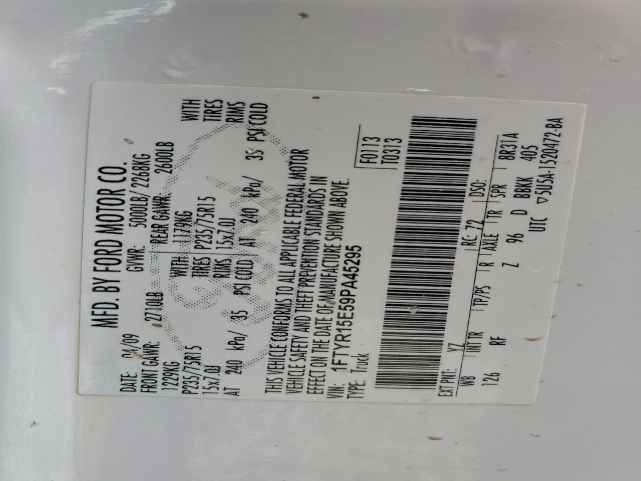 2009 Ford Ranger Super Cab VIN: 1FTYR15E59PA45295 Lot: 93530865