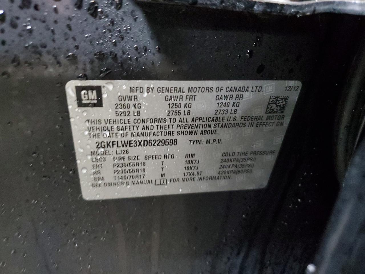 2013 GMC Terrain Slt VIN: 2GKFLWE3XD6229598 Lot: 92635765