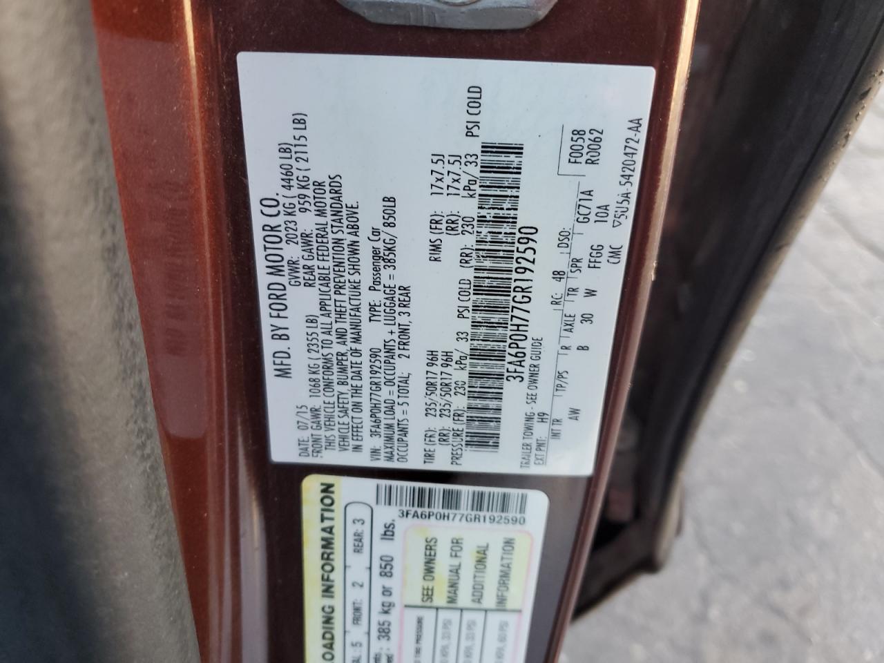 2016 Ford Fusion Se VIN: 3FA6P0H77GR192590 Lot: 92729515