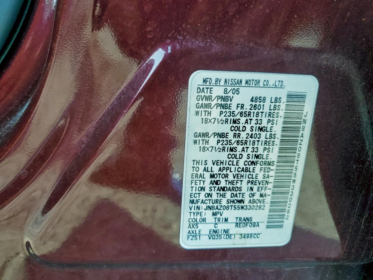 2005 Nissan Murano Sl VIN: JN8AZ08T55W330282 Lot: 94113945