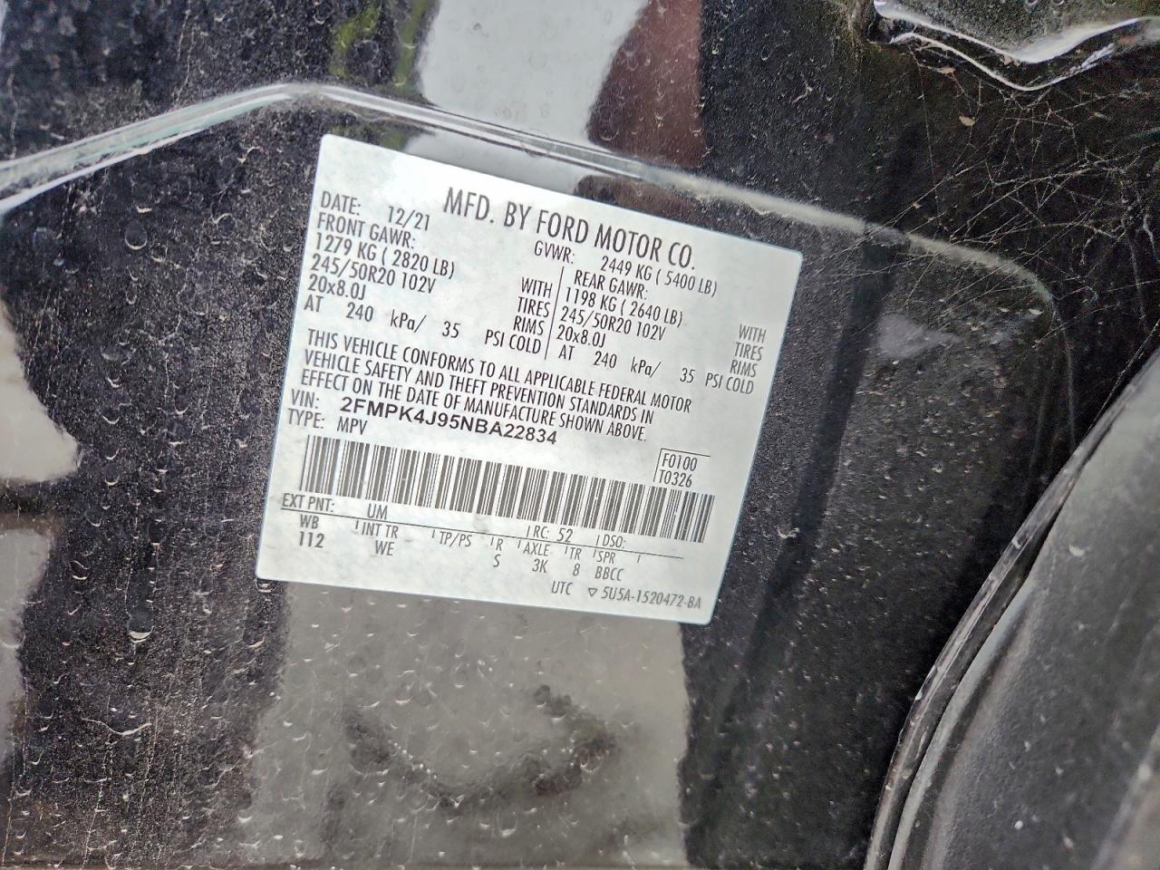 2022 Ford Edge Sel VIN: 2FMPK4J95NBA22834 Lot: 93120485