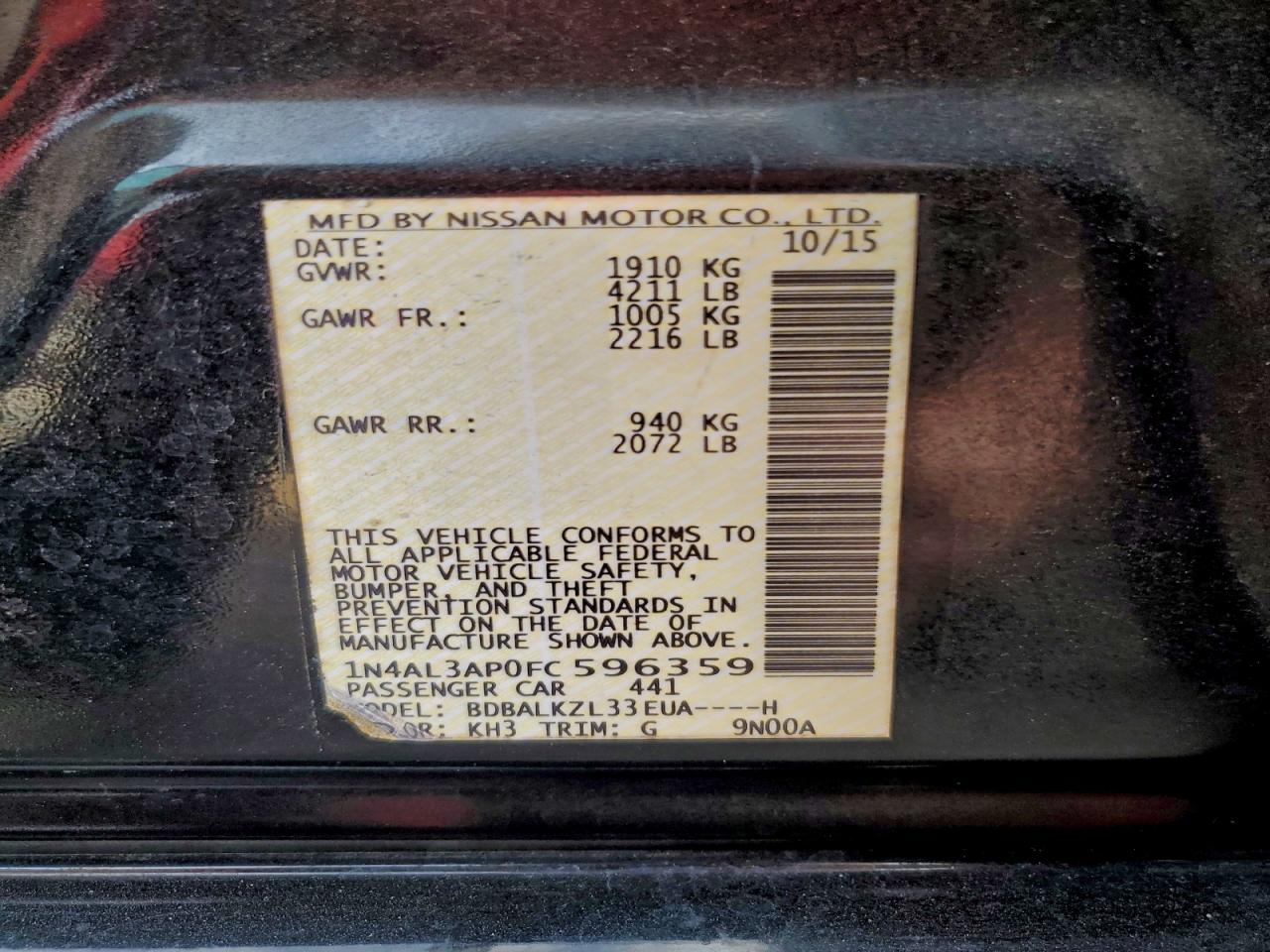 2015 Nissan Altima 2.5 VIN: 1N4AL3AP0FC596359 Lot: 94142715