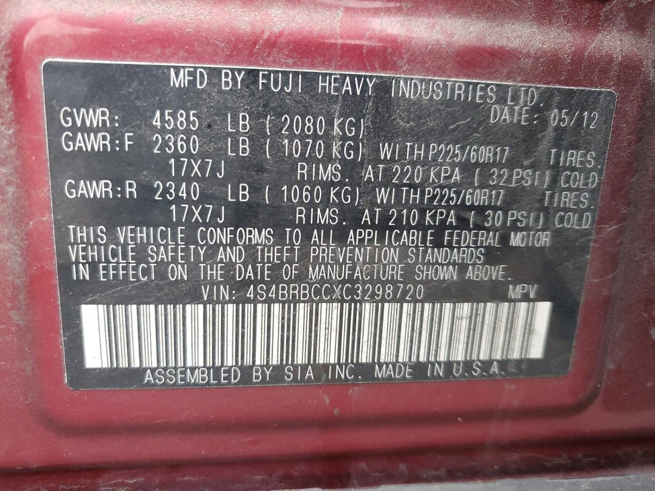 2012 Subaru Outback 2.5I Premium VIN: 4S4BRBCCXC3298720 Lot: 93735965