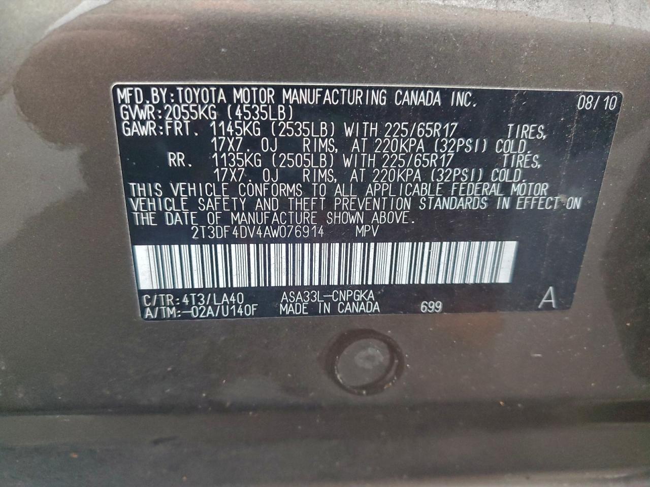 2010 Toyota Rav4 Limited VIN: 2T3DF4DV4AW076914 Lot: 93851995