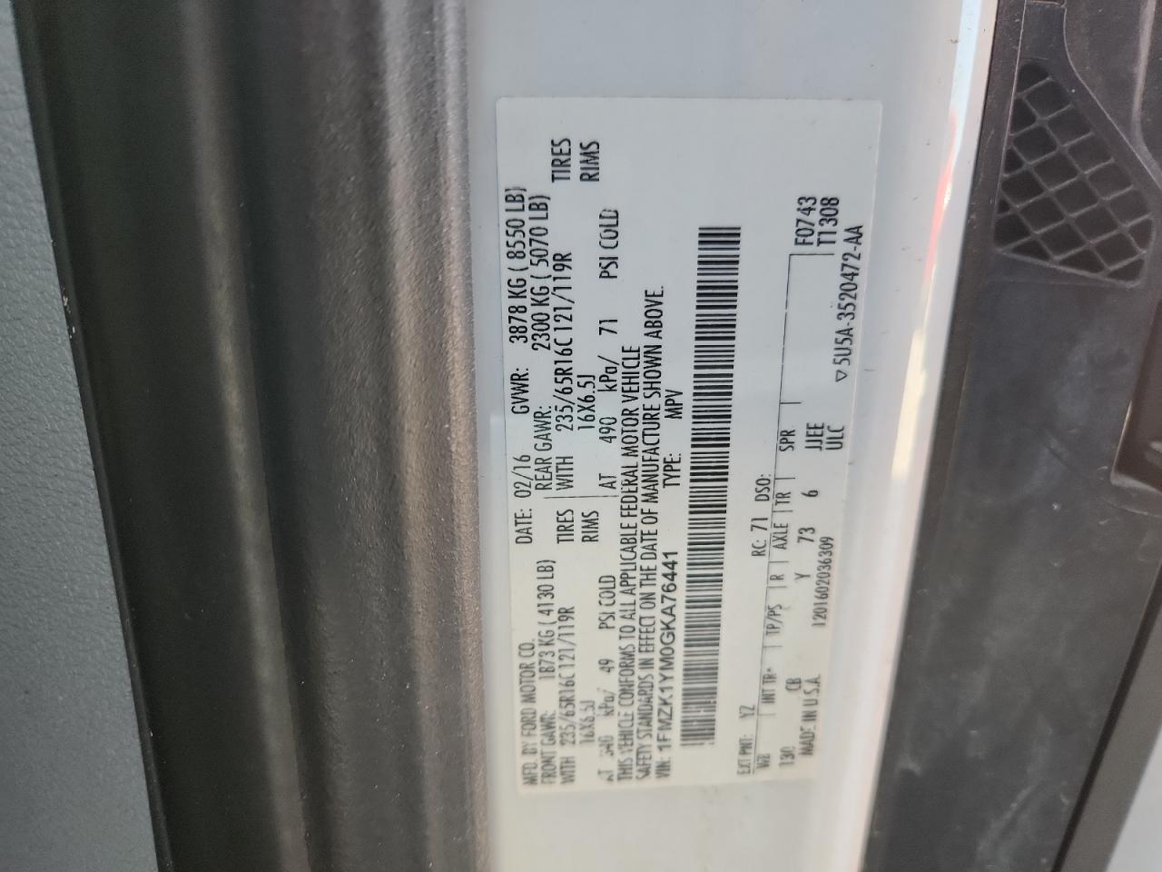 2016 Ford Transit T-150 VIN: 1FMZK1YM0GKA76441 Lot: 92056875