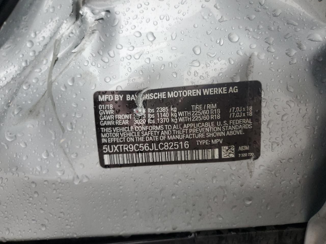 2018 BMW X3 xDrive30I VIN: 5UXTR9C56JLC82516 Lot: 93904795