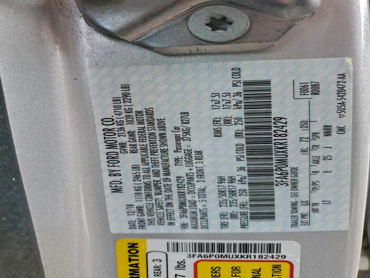 2019 Ford Fusion Sel VIN: 3FA6P0MUXKR182429 Lot: 93955565