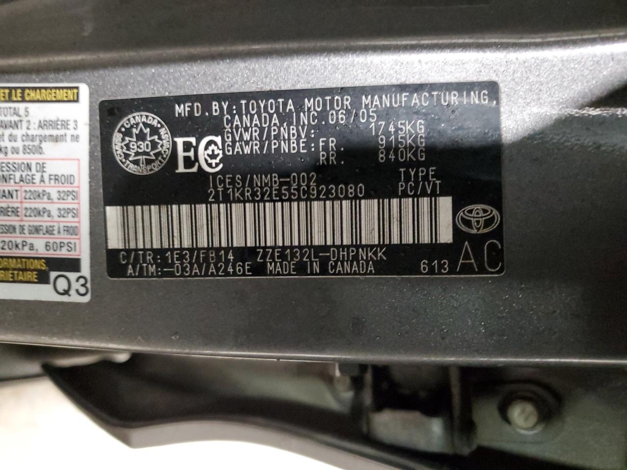 2005 Toyota Corolla Matrix Xr VIN: 2T1KR32E55C923080 Lot: 92178005