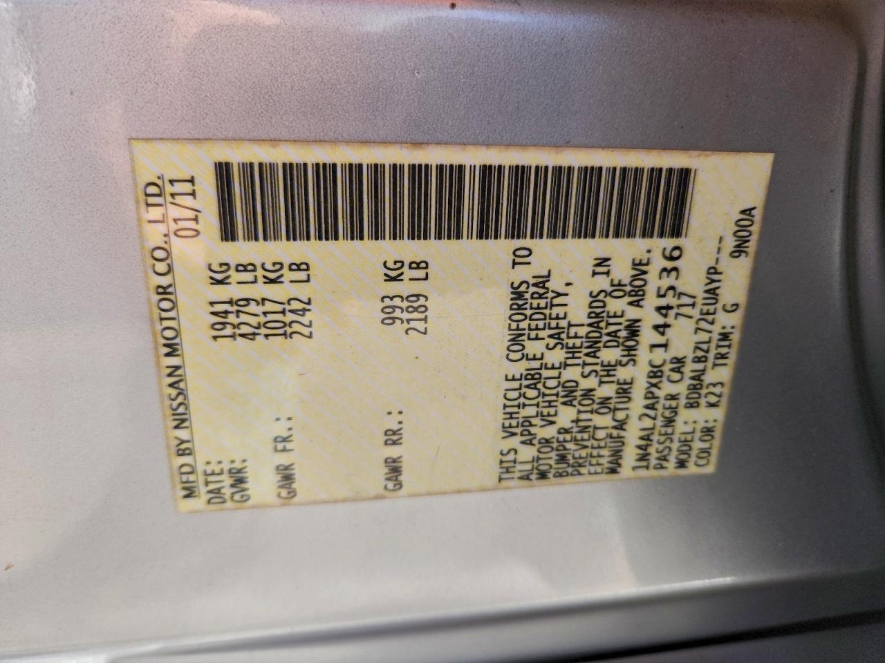 2011 Nissan Altima Base VIN: 1N4AL2APXBC144536 Lot: 94720065