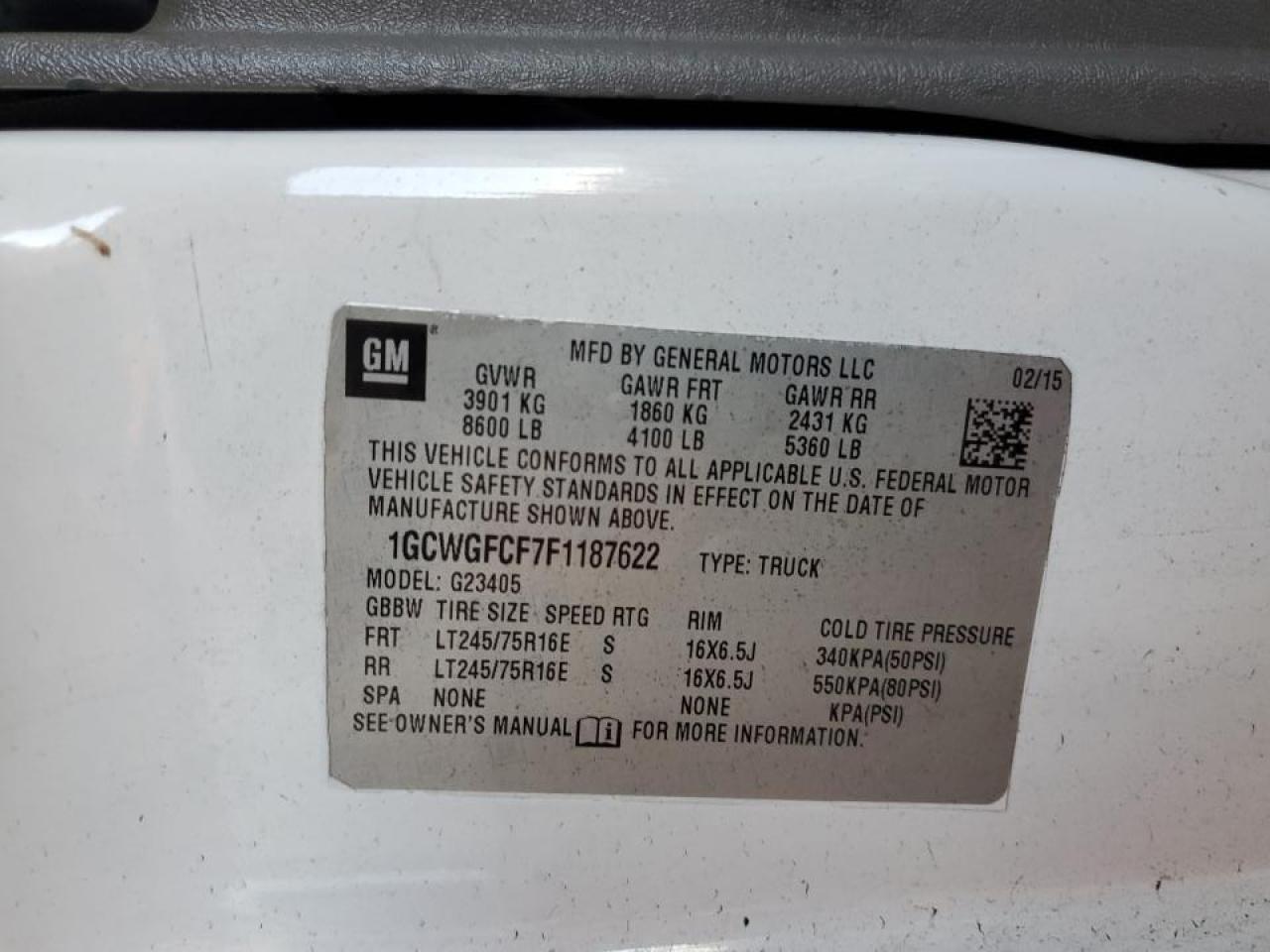 2015 Chevrolet Express 2500 Cargo Delivery Van VIN: 1GCWGFCF7F1187622 Lot: 92937575