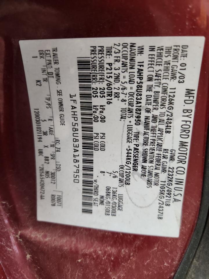 2003 Ford Taurus Se VIN: 1FAHP58U83A187950 Lot: 89882345