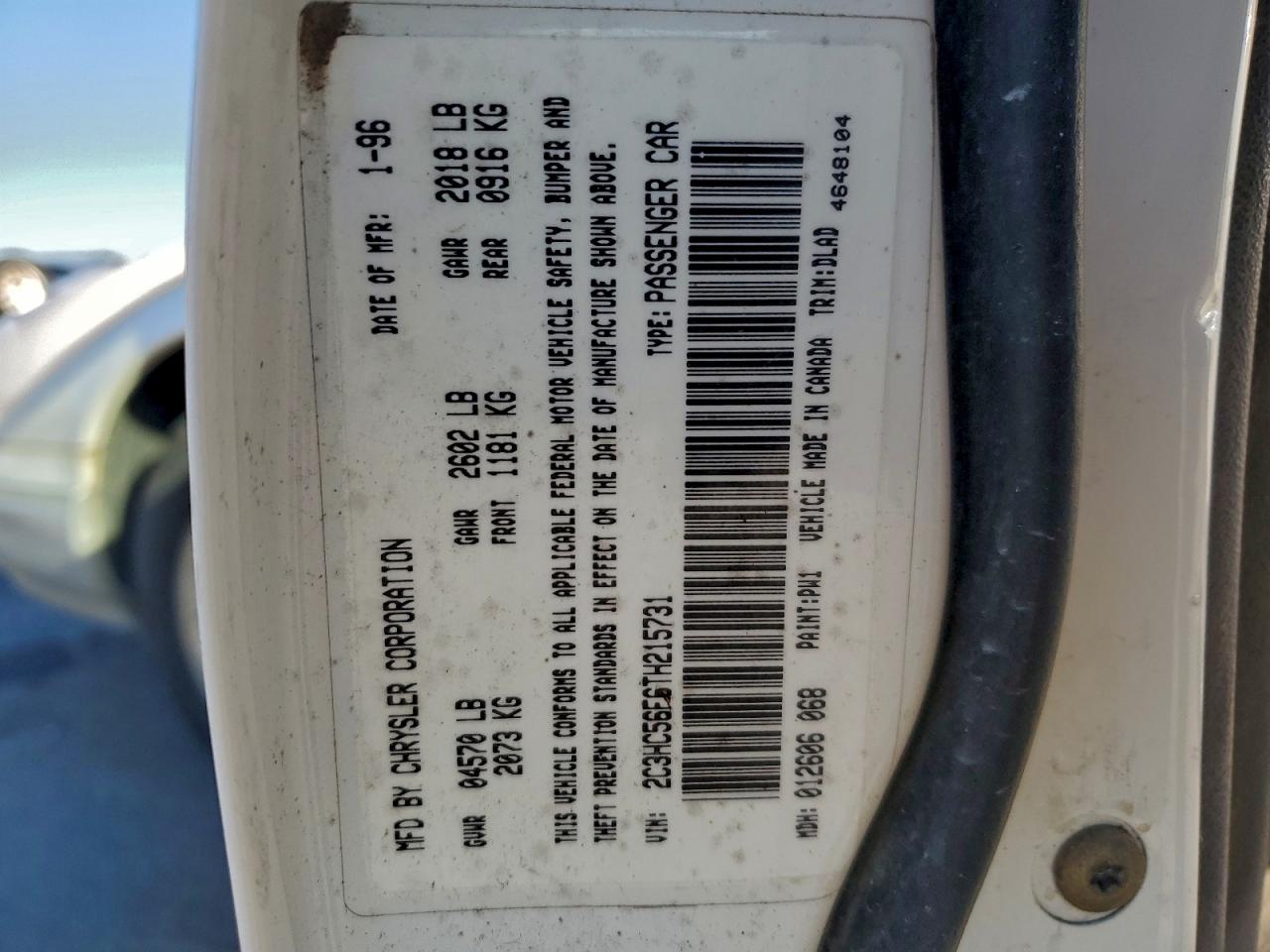 1996 Chrysler Lhs VIN: 2C3HC56F6TH215731 Lot: 94349635