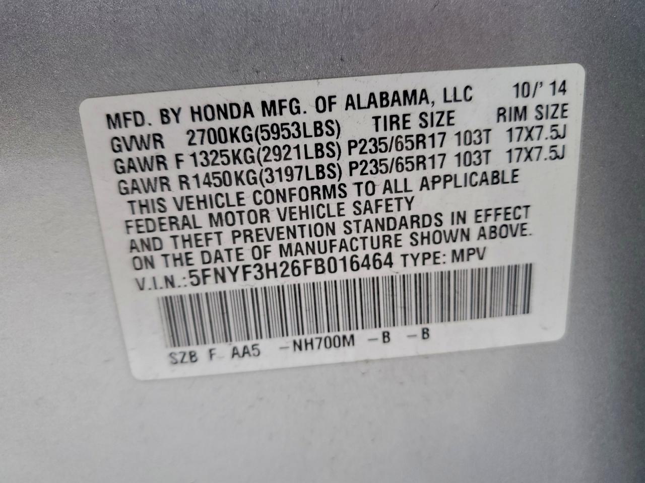 2015 Honda Pilot Lx VIN: 5FNYF3H26FB016464 Lot: 94676545