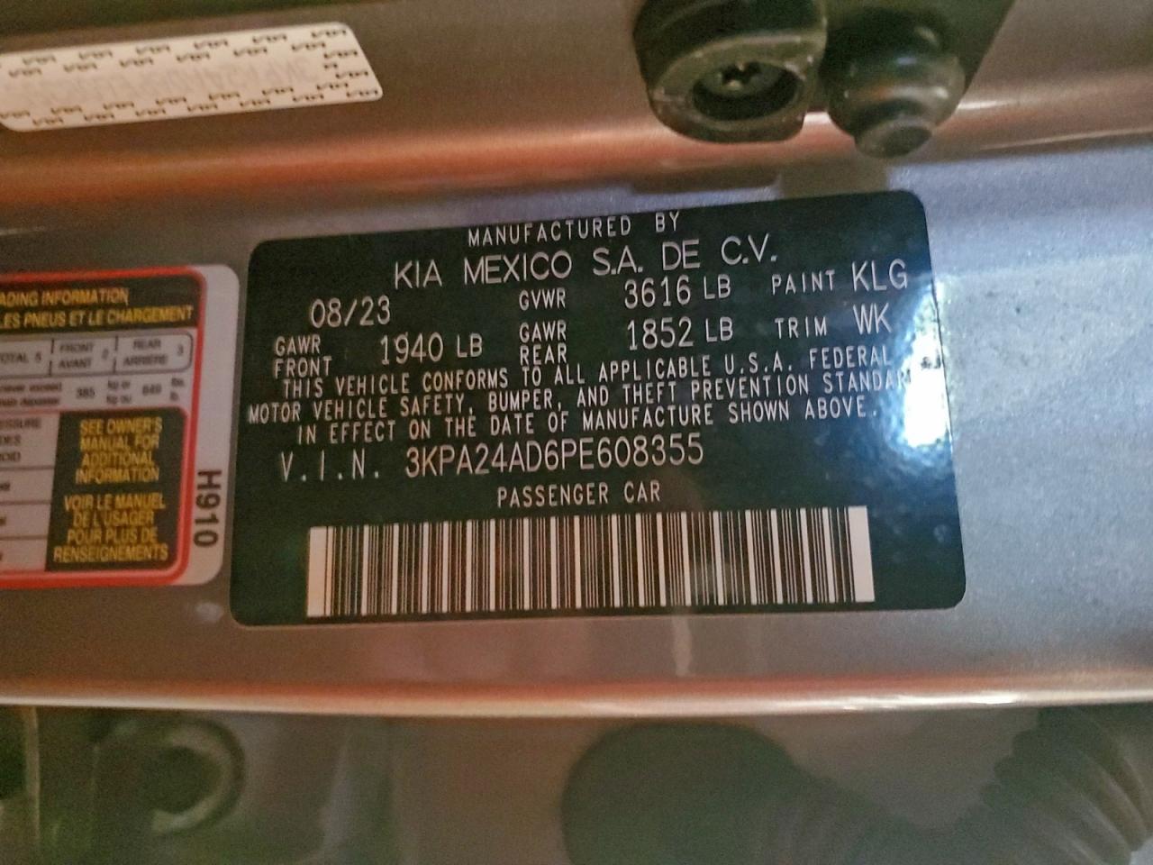 2023 Kia Rio Lx VIN: 3KPA24AD6PE608355 Lot: 93706225