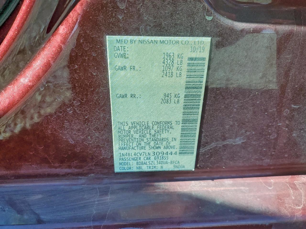 2020 Nissan Altima Sr VIN: 1N4BL4CV7LN309444 Lot: 93683675