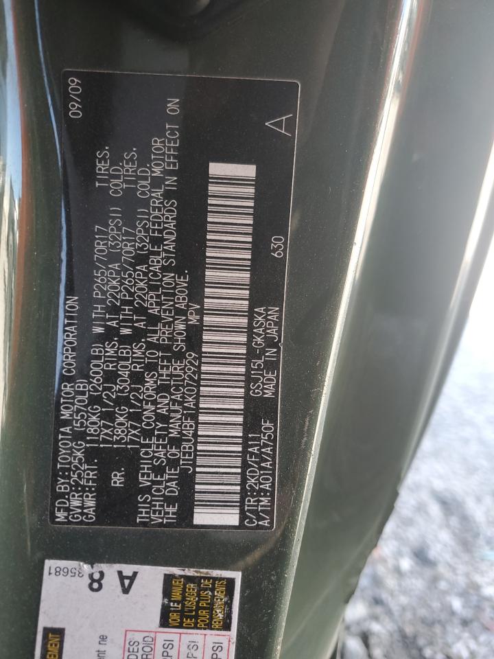 2010 Toyota Fj Cruiser VIN: JTEBU4BF1AK072929 Lot: 90742275