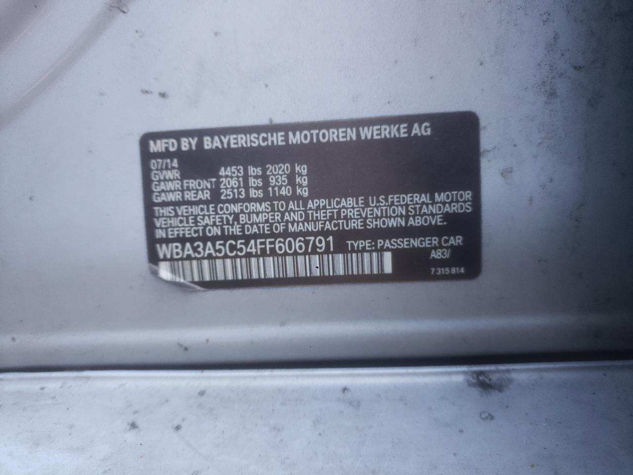 2015 BMW 328 I VIN: WBA3A5C54FF606791 Lot: 93565525