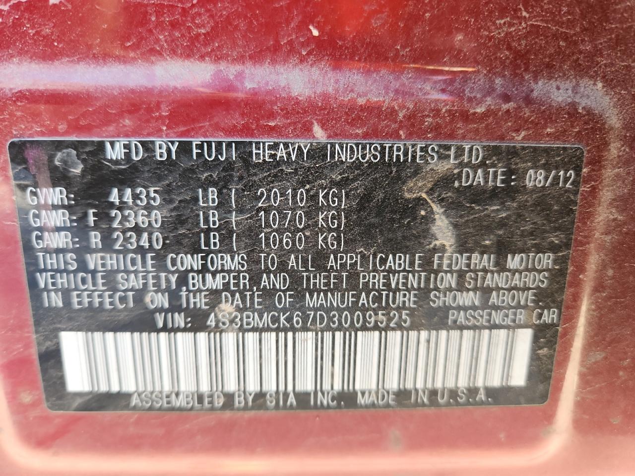 2013 Subaru Legacy 2.5I Limited VIN: 4S3BMCK67D3009525 Lot: 92566715