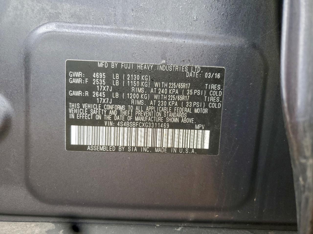 2016 Subaru Outback 2.5I Premium VIN: 4S4BSBFCXG3311469 Lot: 93171845