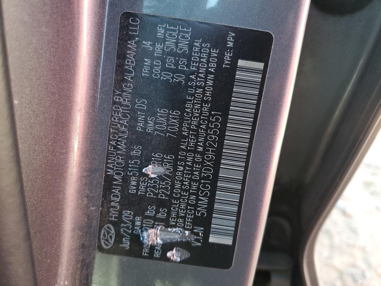 2009 Hyundai Santa Fe Gls VIN: 5NMSG13DX9H295551 Lot: 92368505