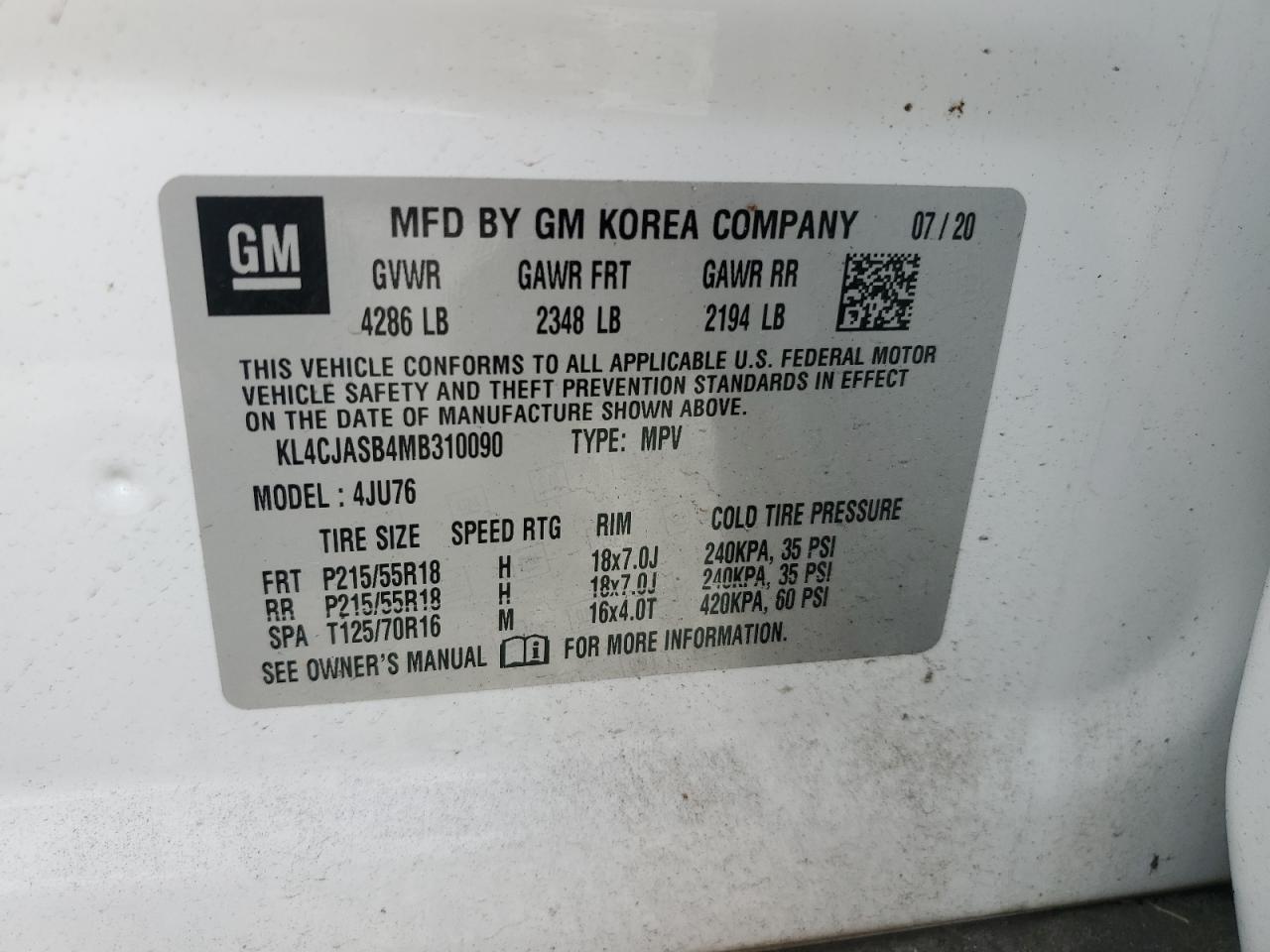 2021 Buick Encore Preferred VIN: KL4CJASB4MB310090 Lot: 93558315