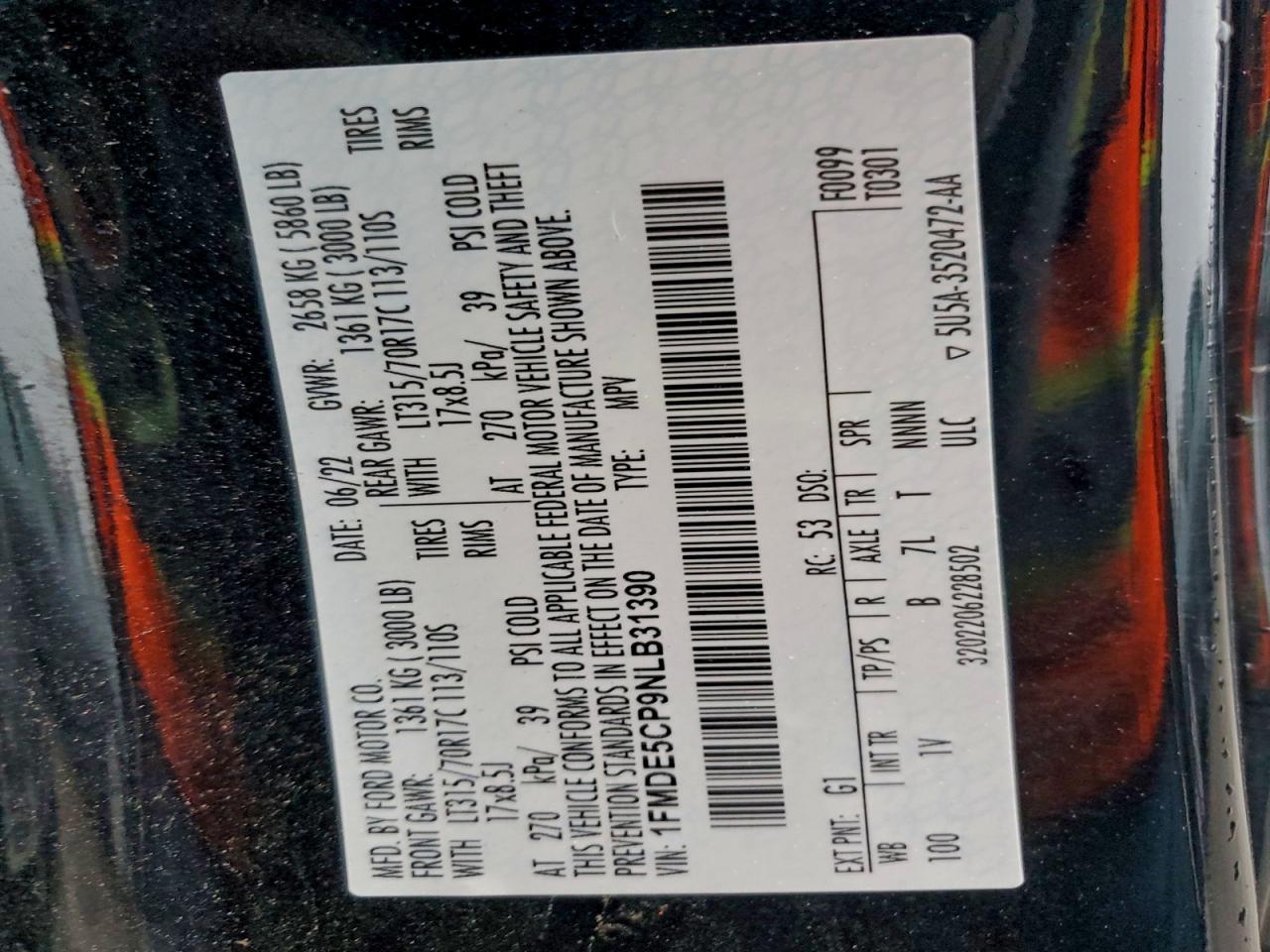 2022 Ford Bronco Base VIN: 1FMDE5CP9NLB31390 Lot: 93857155