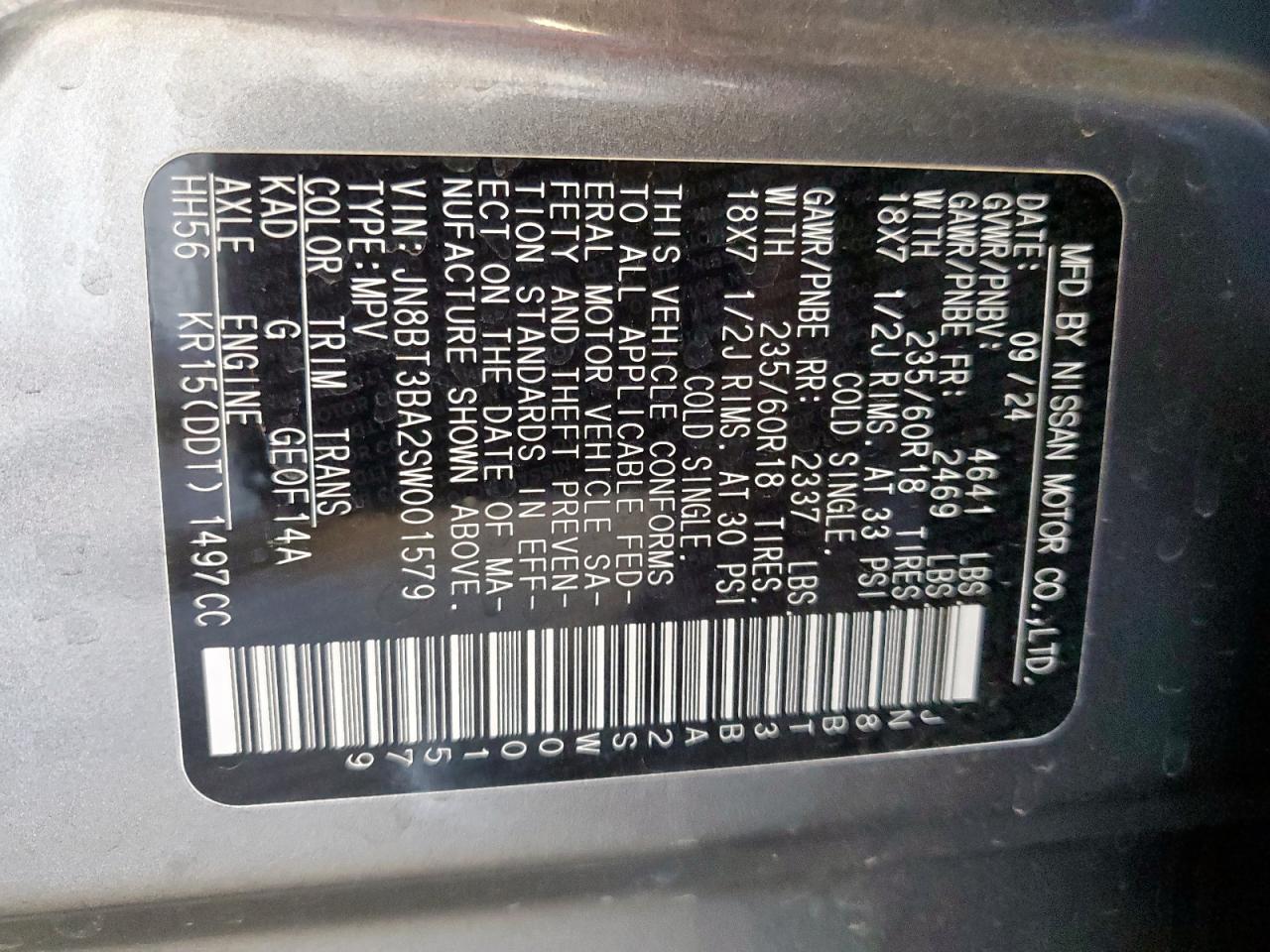 2025 Nissan Rogue Sv VIN: JN8BT3BA2SW001579 Lot: 92885795