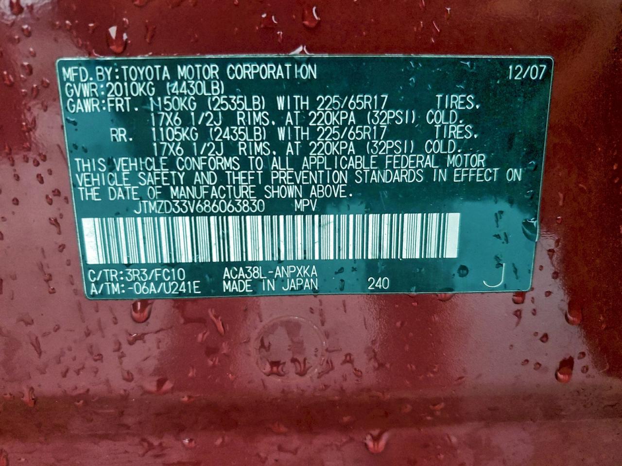 2008 Toyota Rav4 VIN: JTMZD33V686063830 Lot: 93394385