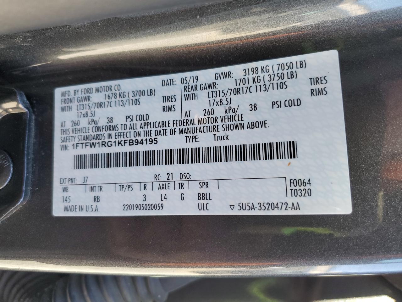 2019 Ford F150 Raptor VIN: 1FTFW1RG1KFB94195 Lot: 93270605