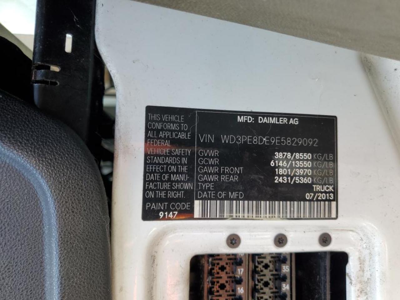 2014 Mercedes Benz Sprinter Delivery Van VIN: WD3PE8DE9E5829092 Lot: 93557215