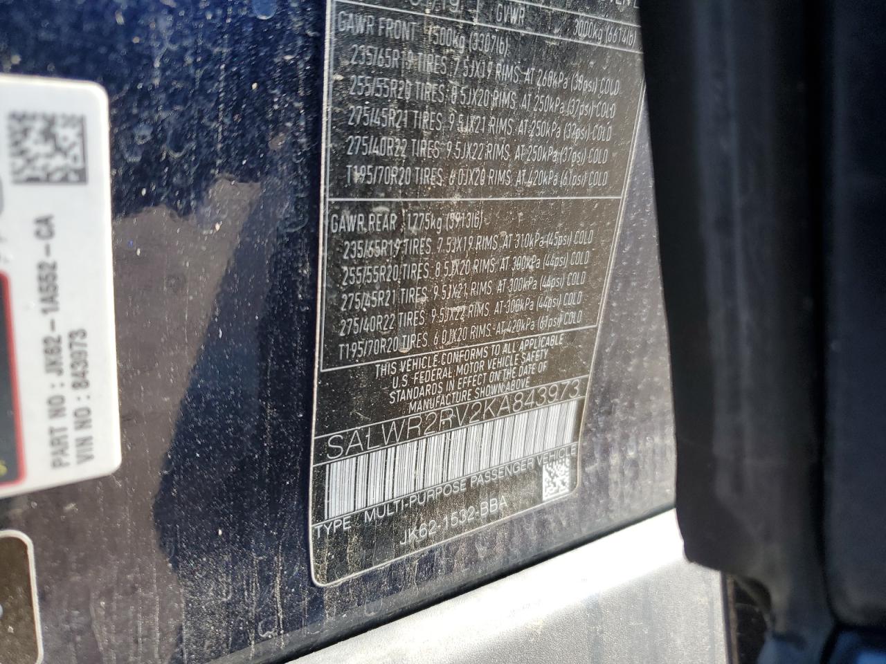 2019 Land Rover Range Rover Sport Hse VIN: SALWR2RV2KA843973 Lot: 86289525