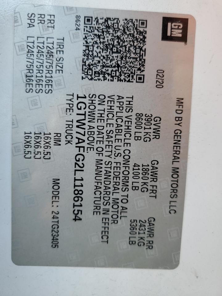 2020 GMC Savana G2500 VIN: 1GTW7AFG2L1186154 Lot: 93307715