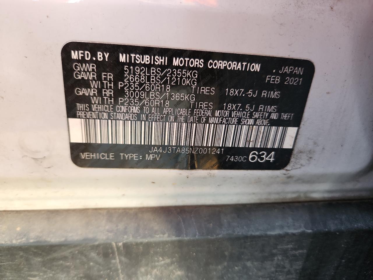 2022 Mitsubishi Outlander Es VIN: JA4J3TA85NZ001241 Lot: 90982515