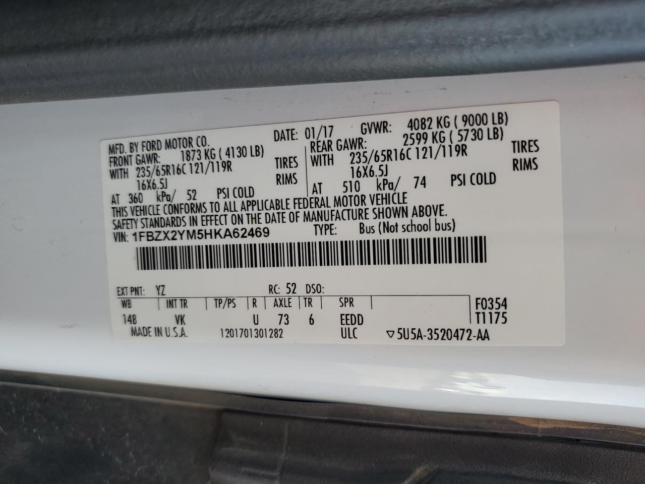 2017 Ford Transit T-350 VIN: 1FBZX2YM5HKA62469 Lot: 92639965