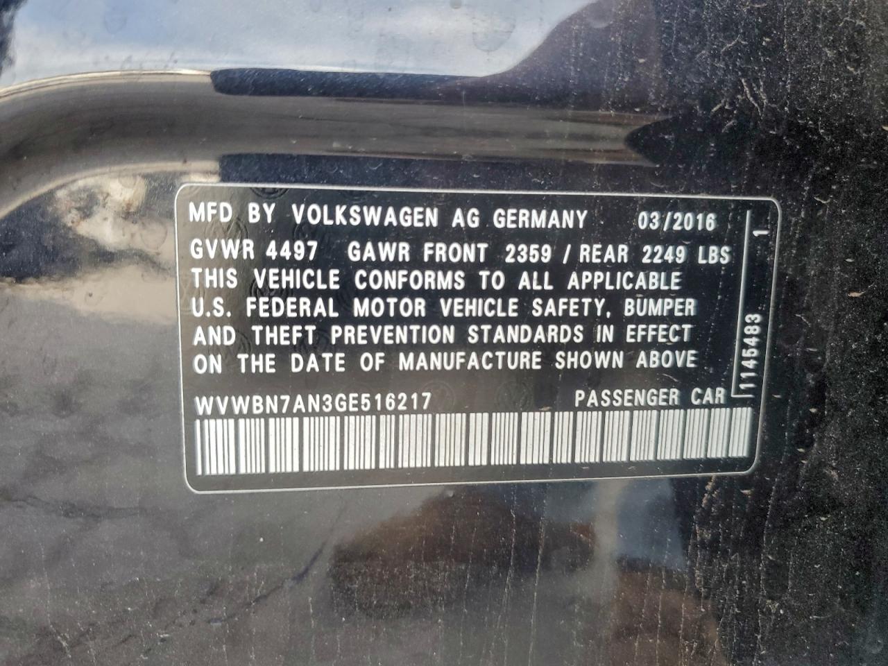 2016 Volkswagen Cc Base VIN: WVWBN7AN3GE516217 Lot: 94087055