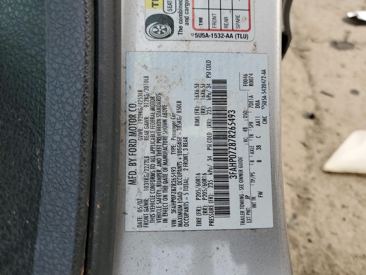 2007 Ford Fusion Se VIN: 3FAHP07Z87R265493 Lot: 91915975