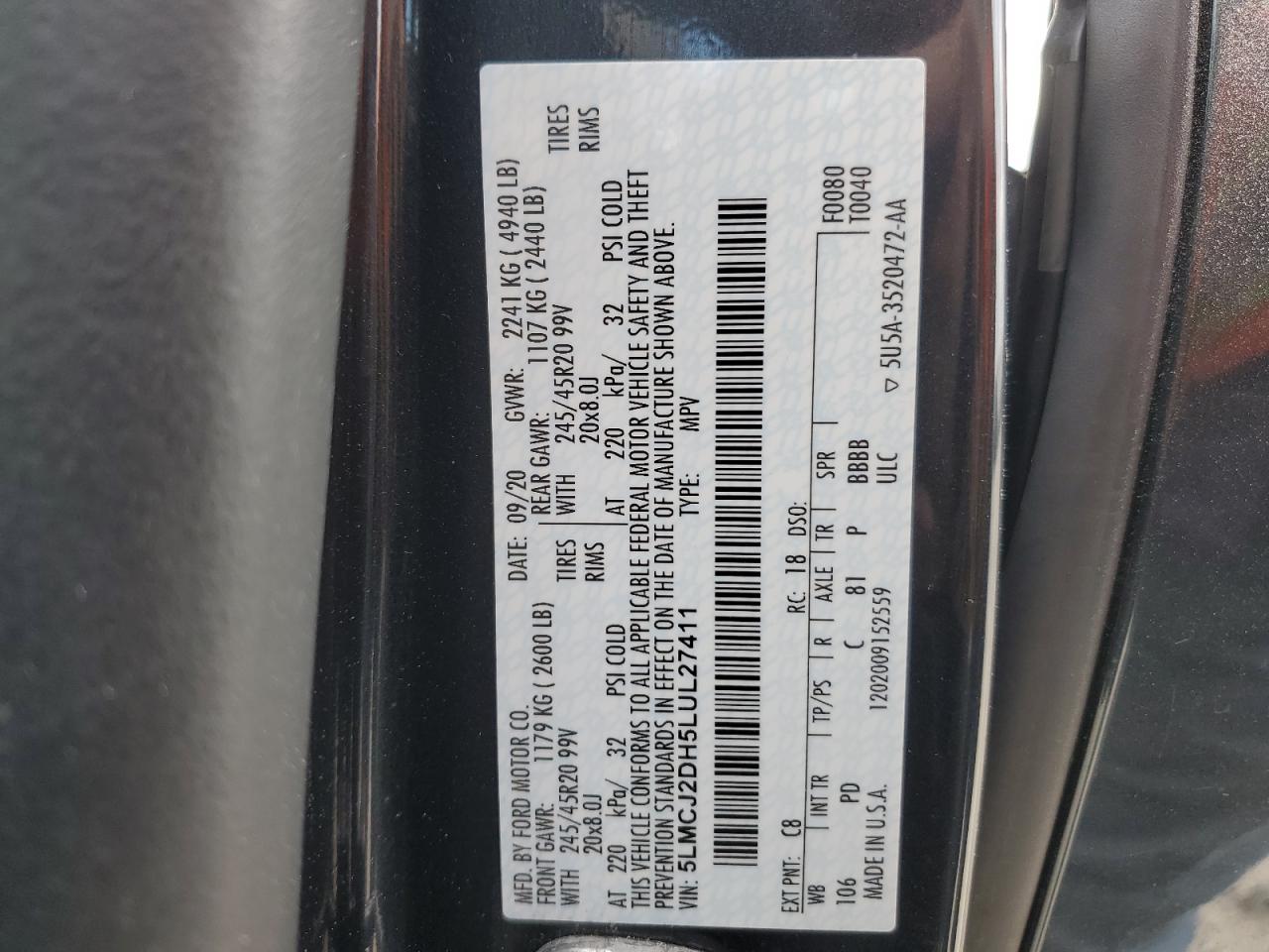 2020 Lincoln Corsair Reserve VIN: 5LMCJ2DH5LUL27411 Lot: 92915455