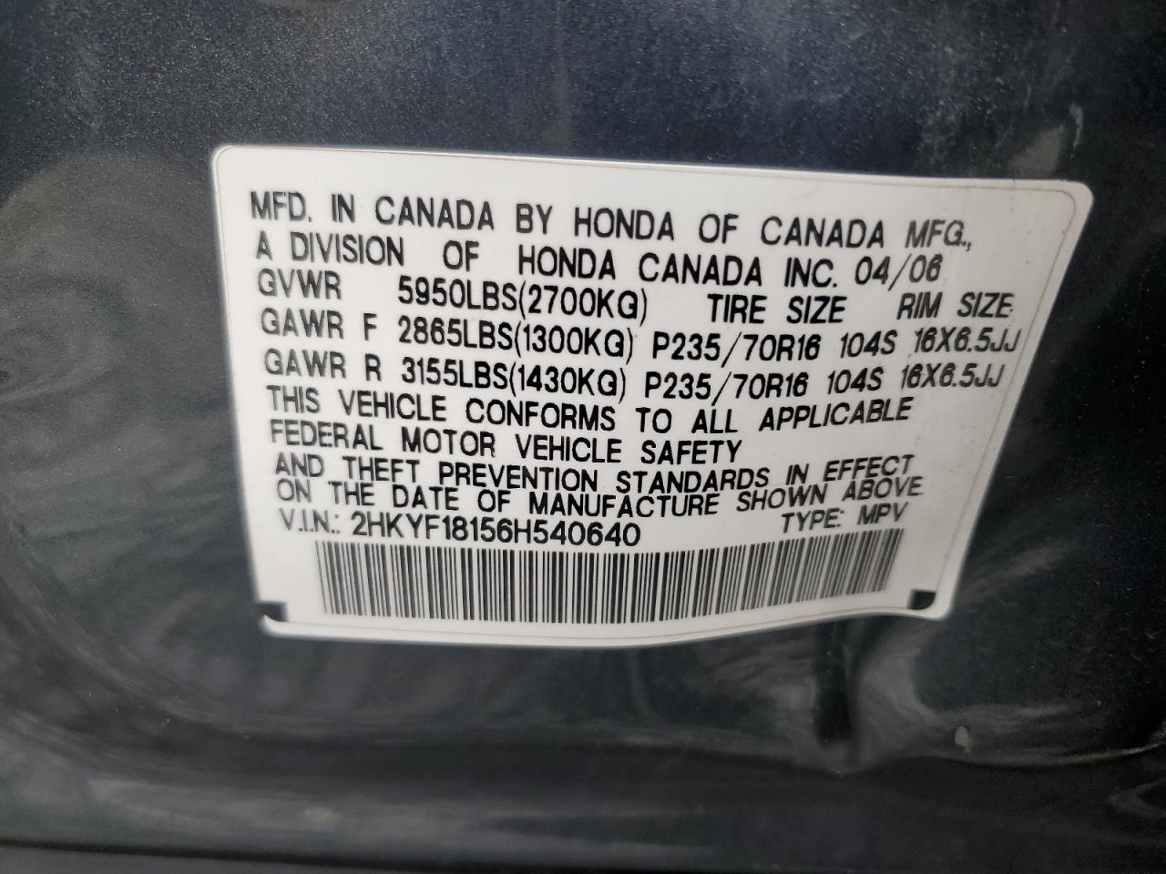 2006 Honda Pilot Lx VIN: 2HKYF18156H540640 Lot: 92593155