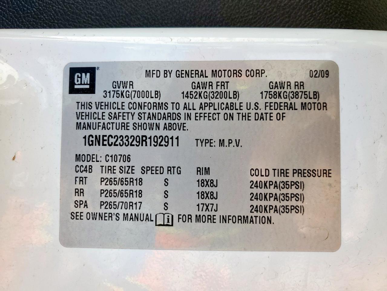 2009 Chevrolet Tahoe C1500 Lt VIN: 1GNEC23329R192911 Lot: 93918335