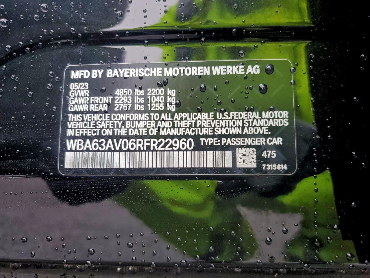 2024 BMW 430I Gran Coupe VIN: WBA63AV06RFR22960 Lot: 93772875