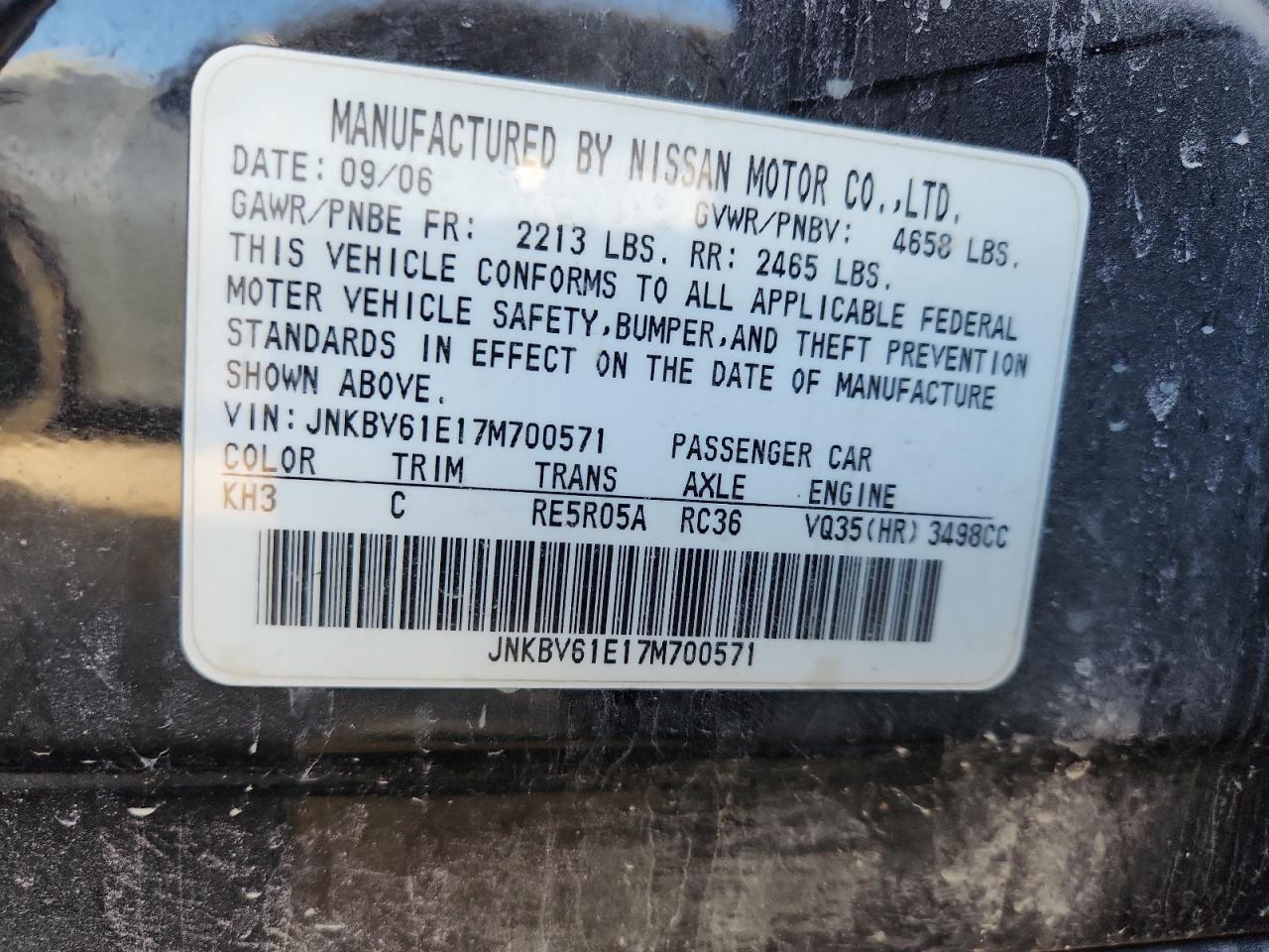 2007 Infiniti G35 VIN: JNKBV61E17M700571 Lot: 92367715