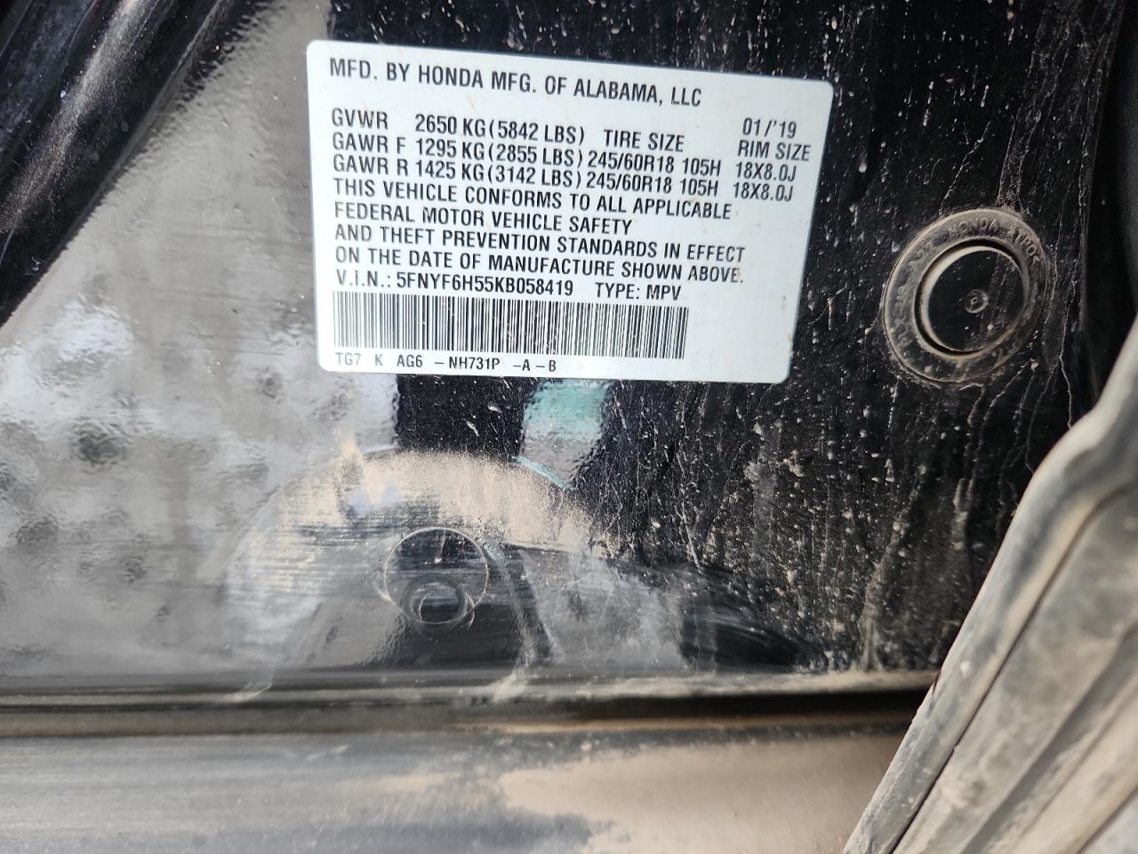 2019 Honda Pilot Exl VIN: 5FNYF6H55KB058419 Lot: 91869735