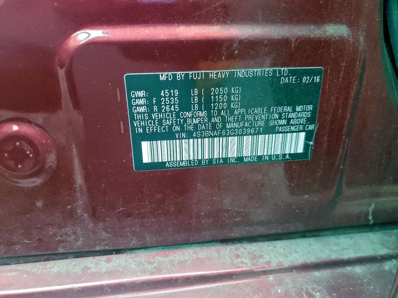 2016 Subaru Legacy 2.5I Premium VIN: 4S3BNAF63G3039671 Lot: 93908925